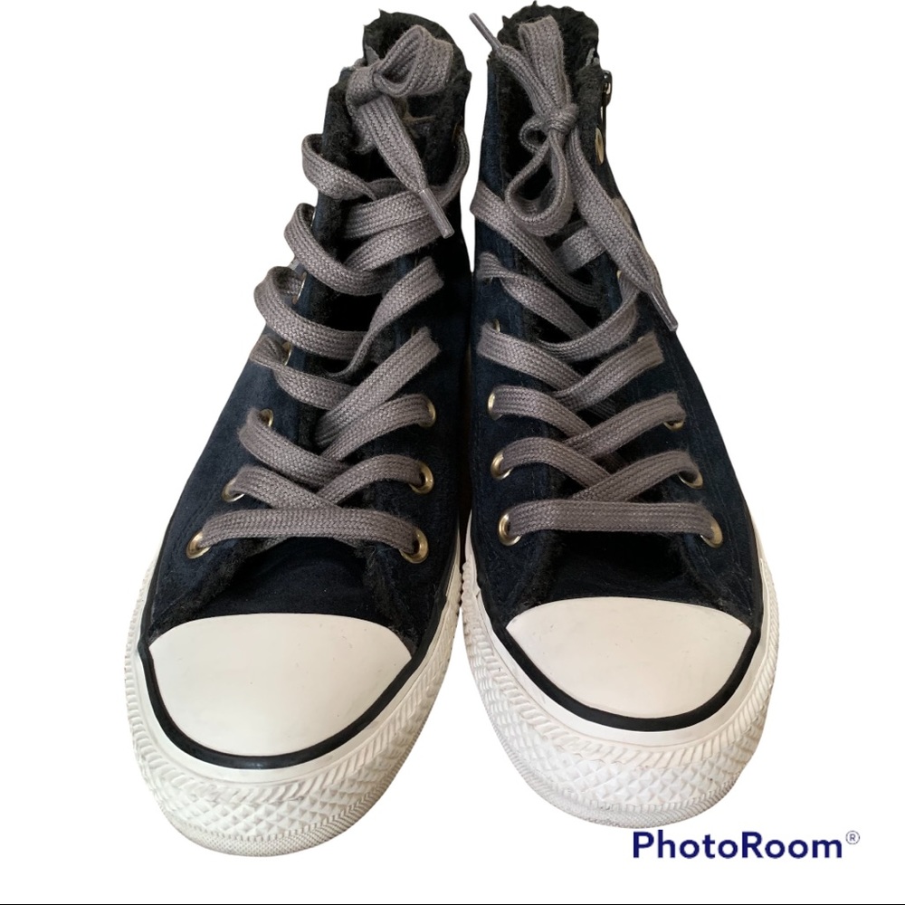 Converse black suede leather faux fur-lined high-top zip sneakers - Picture 2 of 6